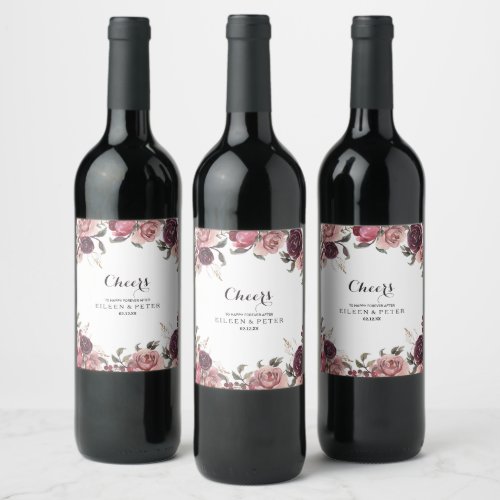 Elegant Burgundy Summer Floral Wedding Wine Labels