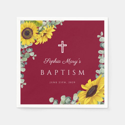 Elegant Burgundy Sunflower Religious Baptism Napkins