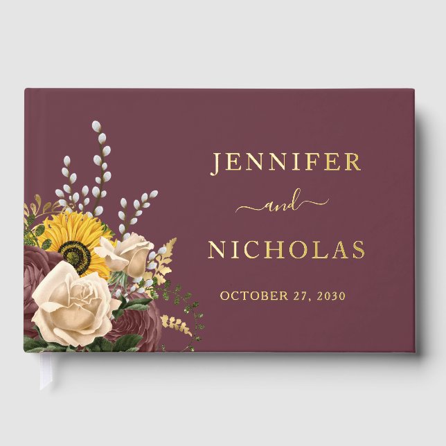 Elegant Burgundy Sunflower Wedding Gold Foil Guest Book (Front)