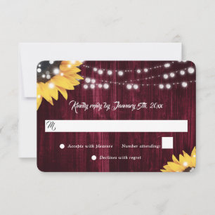 Elegant Burgundy Sunflower Wood Lights Wedding RSVP Card