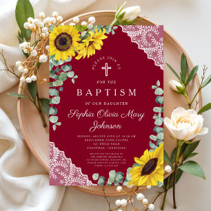 Elegant Burgundy Sunflowers Girl Baptism Invitation