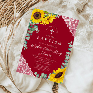 Elegant Burgundy Sunflowers Girl Baptism Invitation