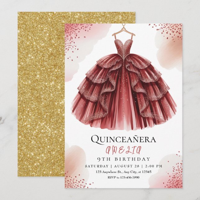 Elegant Burgundy Sweet 15 Invitation (Front/Back)