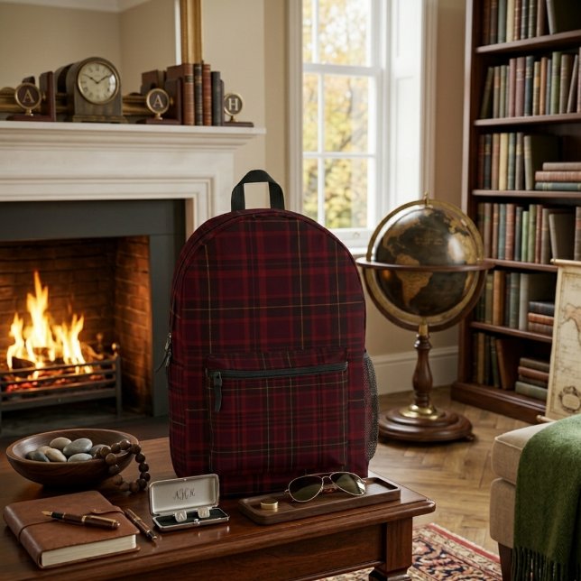 Elegant Burgundy Tartan Printed Backpack (Creator Uploaded)