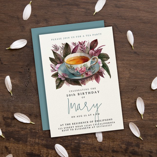 Elegant Burgundy Tea Party Cup Floral Watercolor  Invitation (Creator Uploaded)