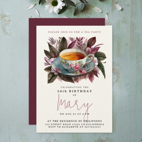 Elegant Burgundy Tea Party Floral Watercolor  Invitation