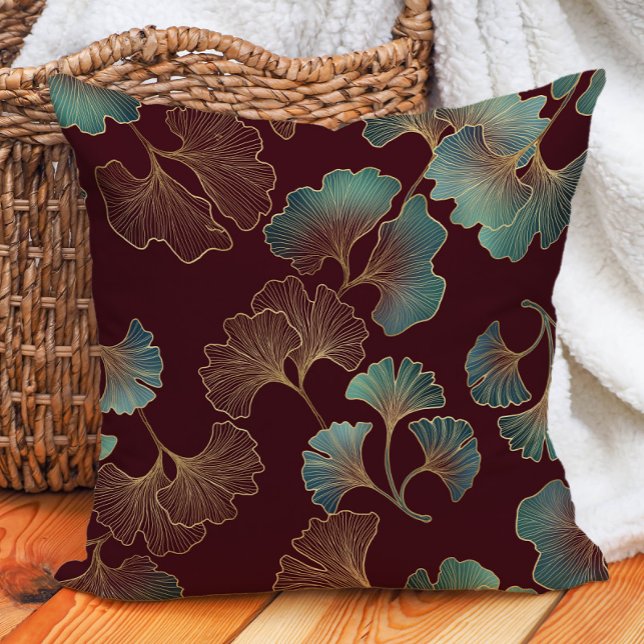 Elegant Burgundy Teal Gold Ginko Leaves  Throw Pillow (Elegant burgundy/wine, teal, and gold ginko decorator pillow)