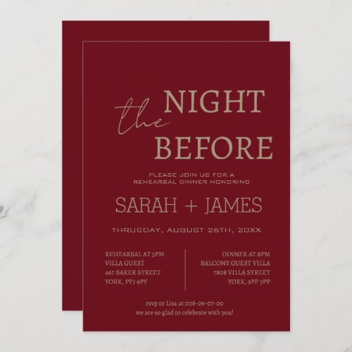 Elegant Burgundy the Night Before Dinner Wedding Invitation