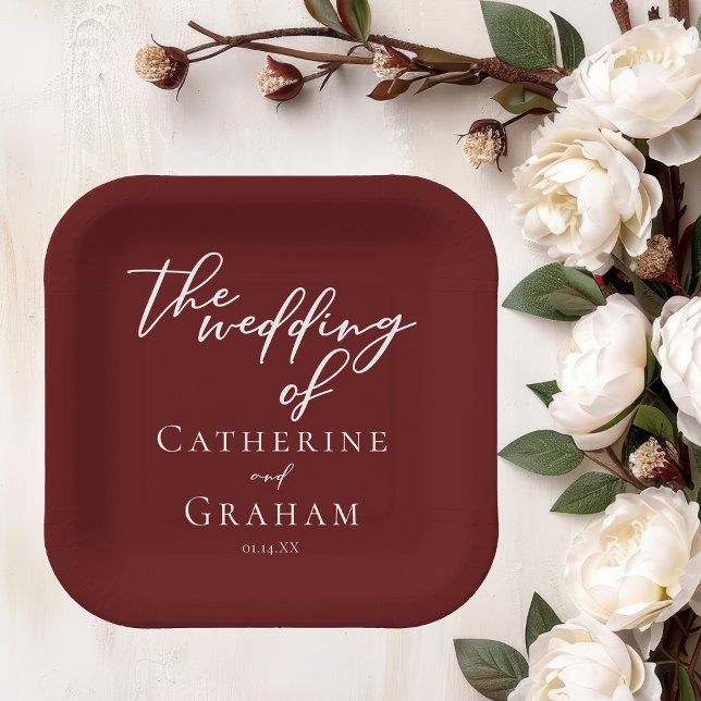 Elegant Burgundy Typography Evening Wedding Paper Plates (Creator Uploaded)
