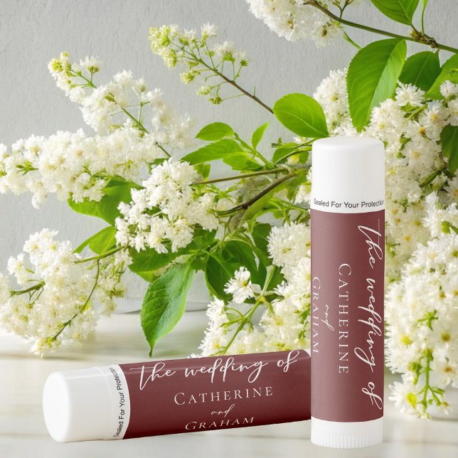 Elegant Burgundy Typography Personalized Wedding Lip Balm (Creator Uploaded)