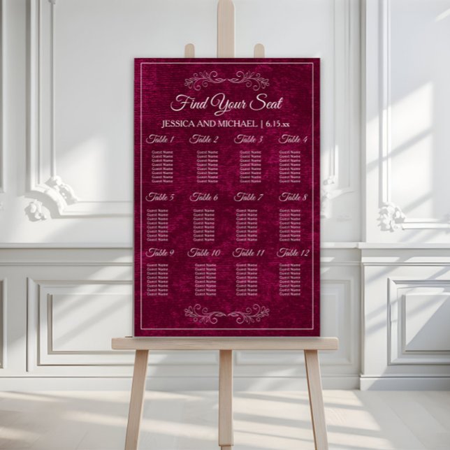 Elegant Burgundy Velvet Wedding Seating Chart  Foam Board (Elegant burgundy/berry velvet wedding seating chart)