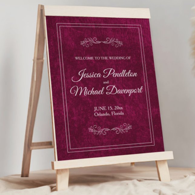Elegant Burgundy Velvet Wedding Welcome  Foam Board (Elegant burgundy/berry velvet wedding welcome sign)