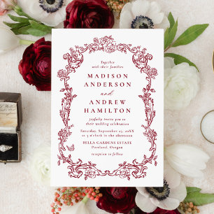 Elegant Burgundy Victorian Floral Frame Wedding Invitation