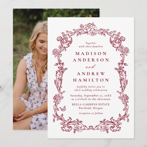 Elegant Burgundy Victorian Floral Frame Wedding
