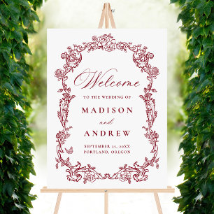 Elegant Burgundy Victorian Floral Wedding Welcome Foam Board