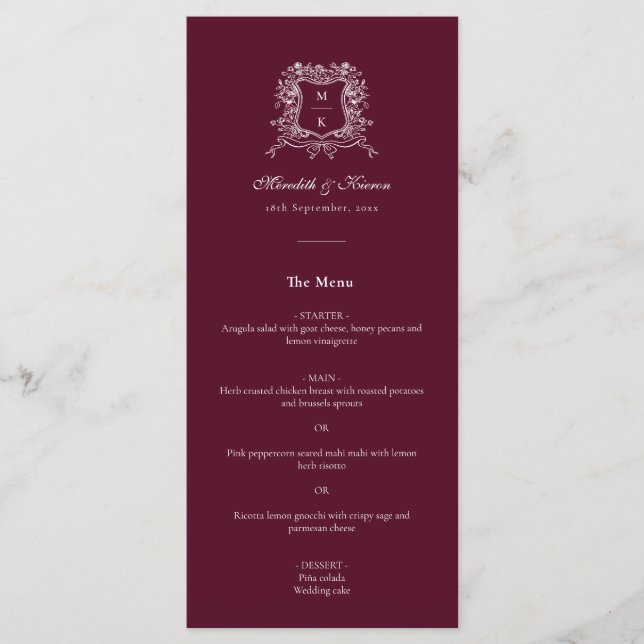 Elegant Burgundy Vintage Crest Thank You Wedding Menu (Front)