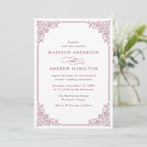 Elegant Burgundy Vintage Ornate Frame Wedding Invitation