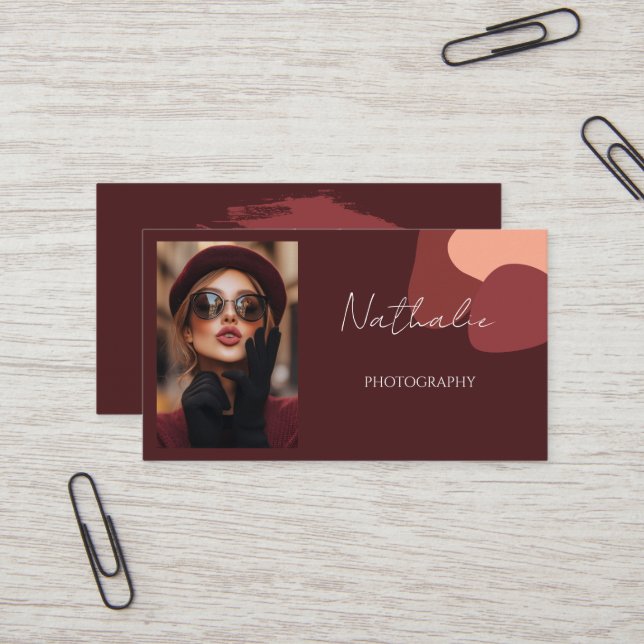 Elegant burgundy Vision Photography Business Card (Front/Back In Situ)