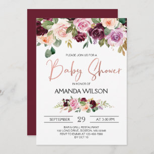 Elegant Burgundy Watercolor Floral Baby Shower Invitation