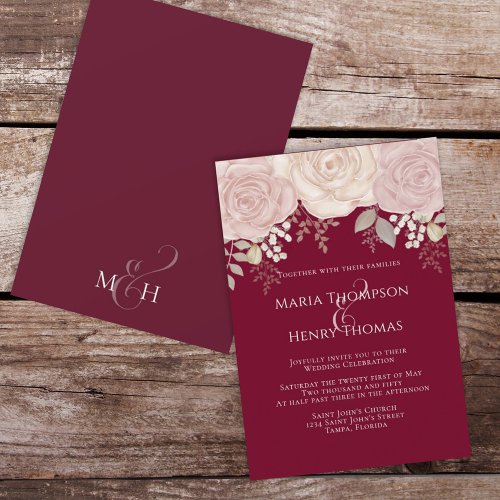 Elegant Burgundy Watercolor Floral Blush Rose Gold Invitation