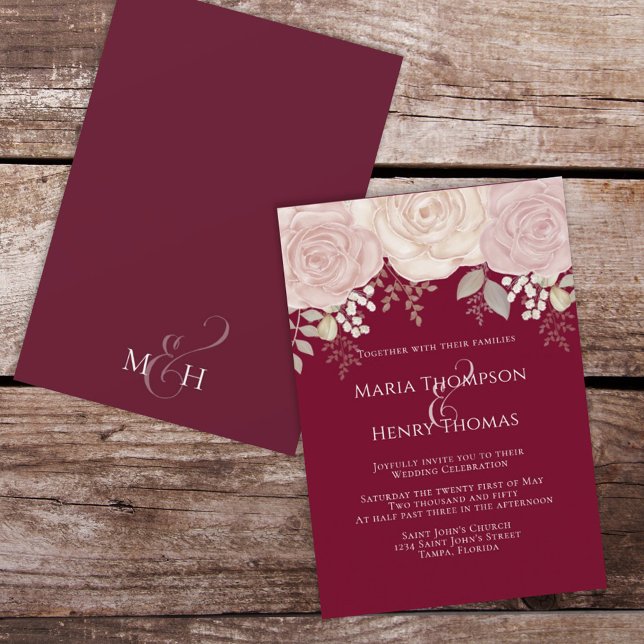 Elegant Burgundy Watercolor Floral Blush Rose Gold Invitation (Creator Uploaded)