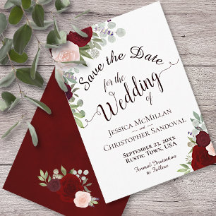 Elegant Burgundy Watercolor Floral Boho Wedding Save The Date