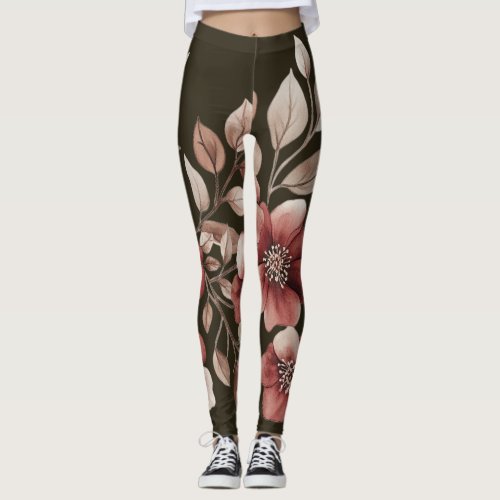 Elegant Burgundy Watercolor Floral Bouquet Leggings