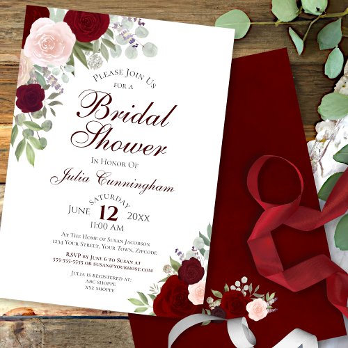 Elegant Burgundy Watercolor Floral Bridal Shower Invitation