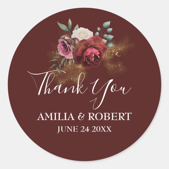 Elegant Burgundy Watercolor floral Classic Round Sticker
