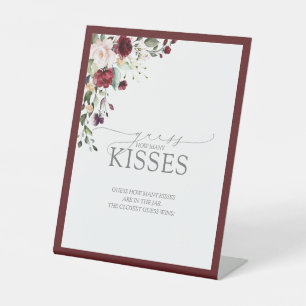 Elegant Burgundy Watercolor Floral How Many Kisses Pedestal Sign