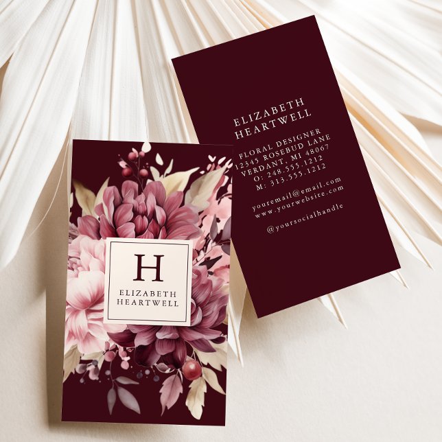 Elegant Burgundy Watercolor Floral Monogram Business Card (Creator Uploaded)