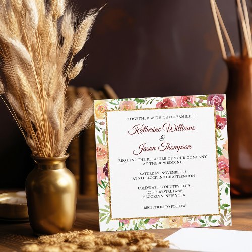 Elegant Burgundy Watercolor Floral Peony Gold Invitation