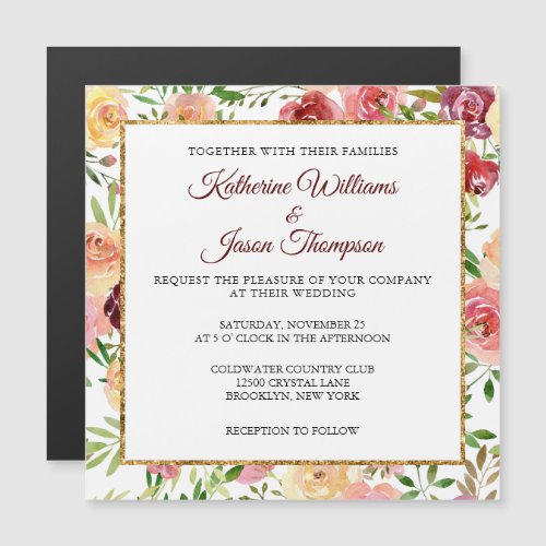 Elegant Burgundy Watercolor Floral Peony Gold Magnetic Invitation