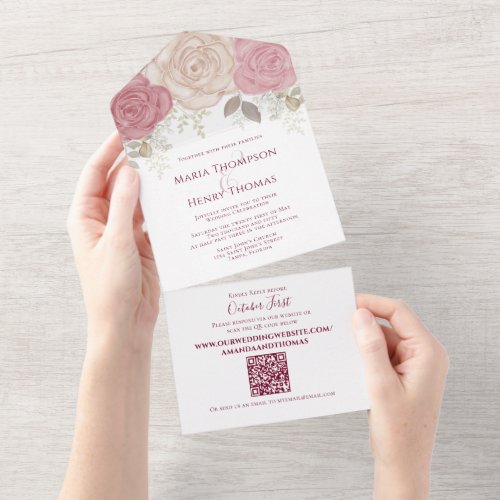 Elegant Burgundy Watercolor Floral QR Code Photo  All In One Invitation