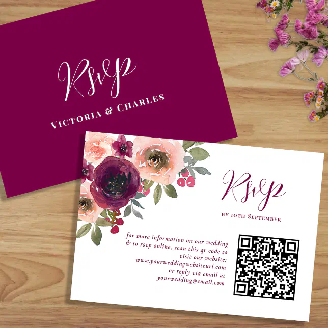 Elegant Burgundy Watercolor Floral Qr code RSVP Card | Zazzle