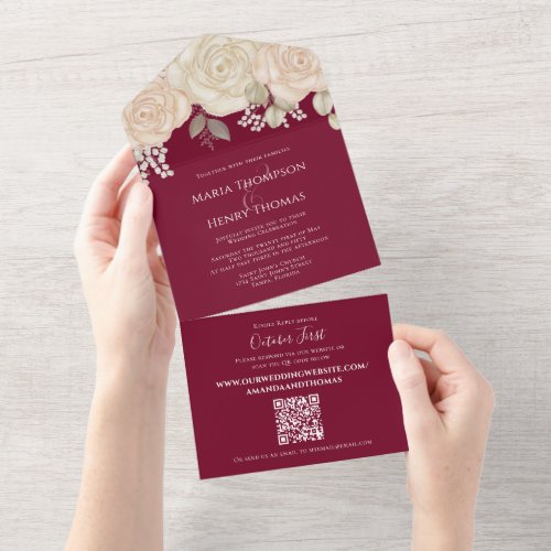 Elegant Burgundy Watercolor Floral QR Code Website All In One Invitation