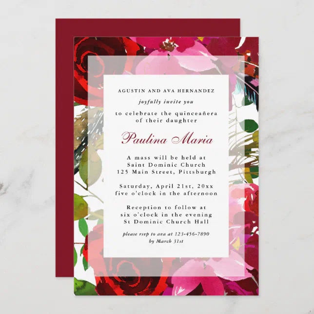 Elegant Burgundy Watercolor Floral Quinceañera Invitation | Zazzle