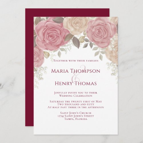 Elegant Burgundy Watercolor Floral Rose Gold Invitation