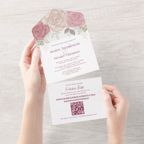 Elegant Burgundy Watercolor Floral Rose QR Code All In One Invitation