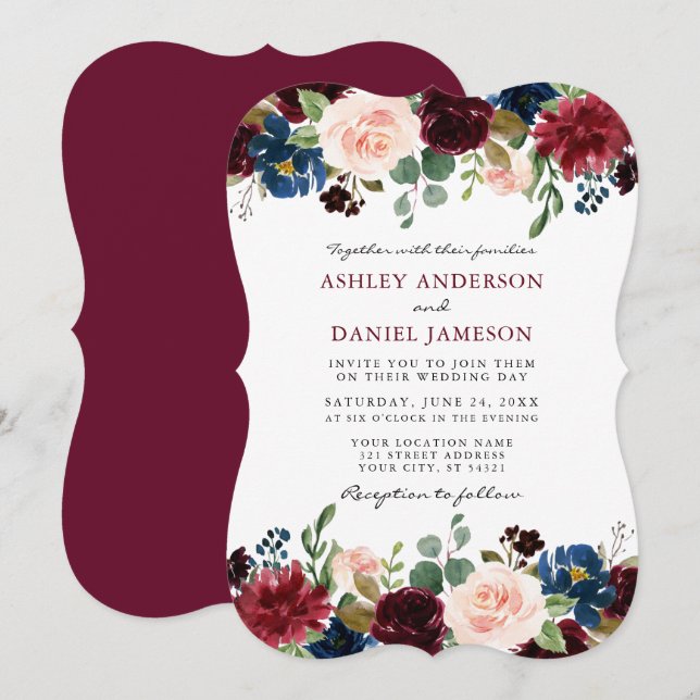 Elegant Burgundy Watercolor Floral Wedding Bracket Invitation (Front/Back)