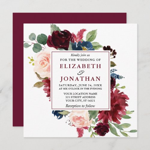 Elegant Burgundy Watercolor Floral Wedding Sq Invitation