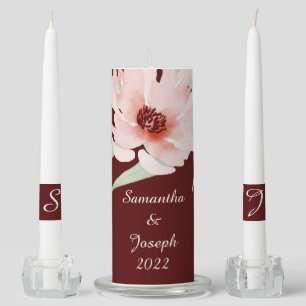 Elegant Burgundy Watercolor Floral Wedding Unity Candle Set