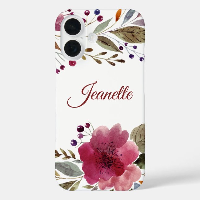 Elegant Burgundy Watercolor Flowers Monogram Case-Mate iPhone Case (Back)