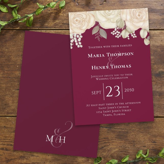 Elegant Burgundy Watercolor Ivory Floral Foliage Invitation (Creator Uploaded)