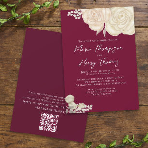 Elegant Burgundy Watercolor Ivory Floral QR Code  Invitation