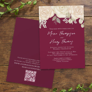 Elegant Burgundy Watercolor Ivory Floral QR Code Invitation