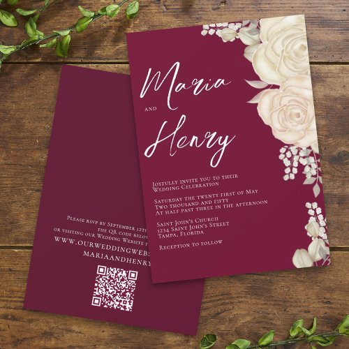 Elegant Burgundy Watercolor Ivory Floral QR Code  Invitation