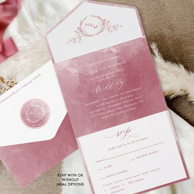 Elegant Burgundy Watercolor Monogram Wedding  All  In One Invitation (Creator Uploaded)