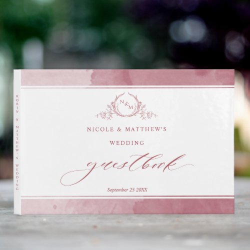 Elegant Burgundy Watercolor Monogram Wedding Guest Book