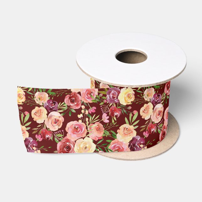 Elegant Burgundy Watercolor Peony Floral Wedding Satin Ribbon (Spool)